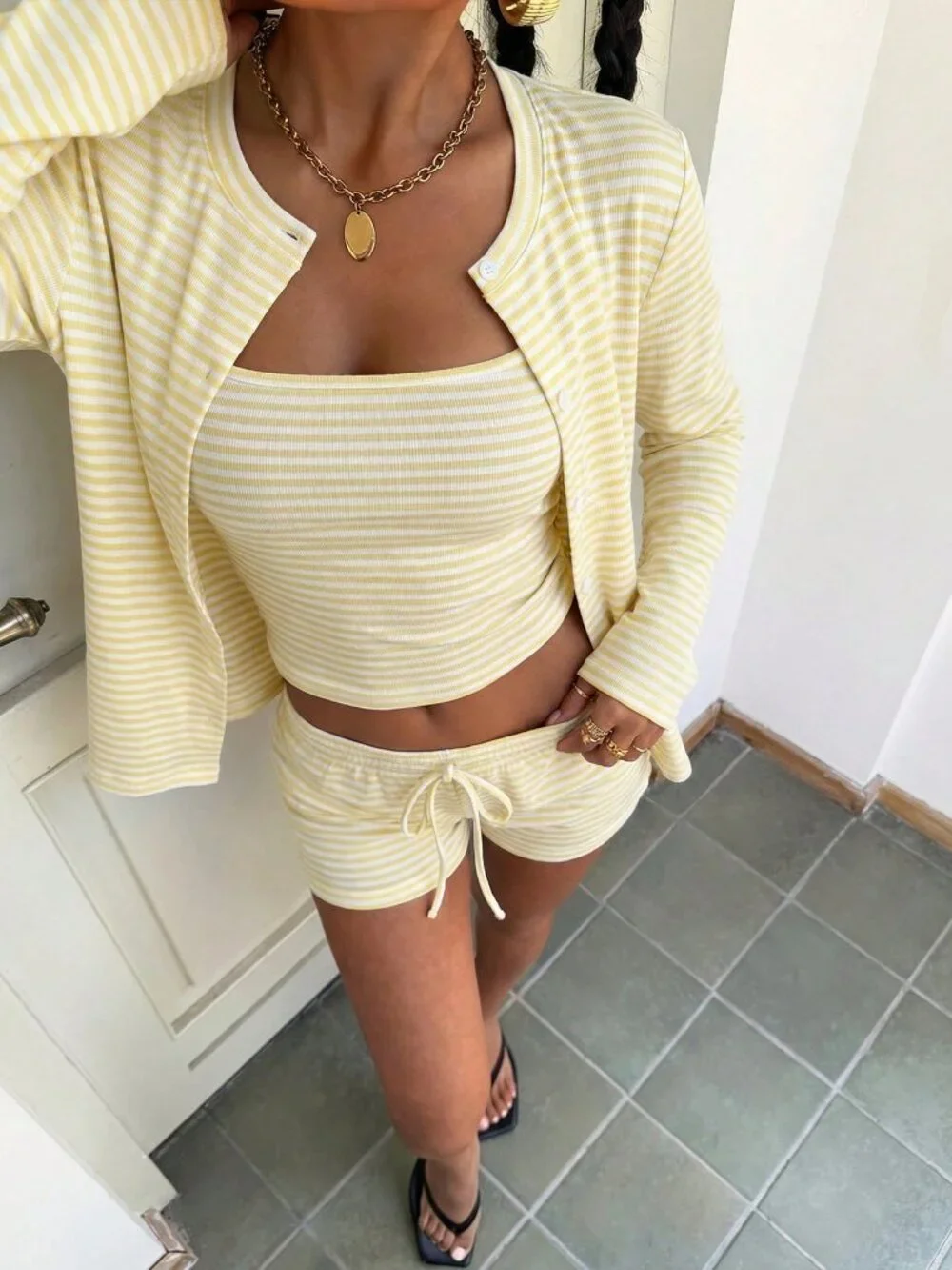 Pale Yellow Casual Women's Stripe Striped Knit Top Shorts Set
